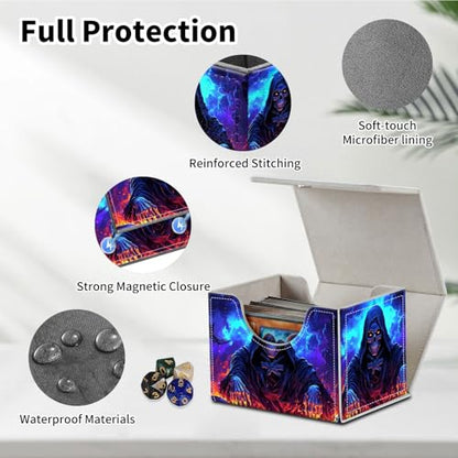 Stylish MTG Deck Box for 110+ Cards, Magnetic Commander Deck Case with Bonus Game Card Pouch, Durable Storage for TCG and Sleeved Magic Cards, Grim Skulls - color: Grim Skulls