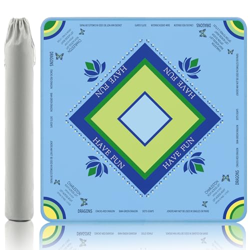 Ocean Blue Mahjong Mat with Lotus & Butterfly Artwork - 32.4x32.4 Inch Hand-Painted Style Rubber Mat, Waterproof Surface, Anti-Slip Foldable Design for Asian-Themed Game Nights (Marine Blue) - color: Marine Blue