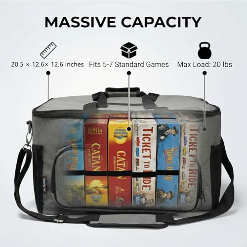 Board Game Bag with Multi-Pockets – Convertible Tote & Shoulder Carry, Includes 5 Elastic Box Bands, 20.5 x 12.6 x 12.6 Inches, for Game Night, Travel & Storage for Gamers (Grey) - color: Grey