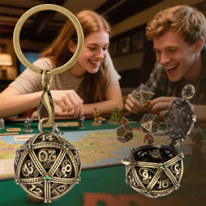 Mini DND Dice Set with Spherical Hollow D20 Metal Case Portable Keychain Necklace, Tiny 7pcs Polyhedral D&D Dice Set, DND Gifts with Gift Box, D&D Accessories for RPG（Green Diamond, Bronze） - color: Bronze