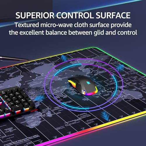 KTRIO RGB Large Gaming Mouse Pad, 31.5 x 15.7 in, RGB World Map, XXL | Smooth Micro-Weave Surface, RGB Lighting Design, Non-Slip Rubber Base, Durable Stitched Edges, Office & Home Use - color: RGB Map, size: 31.5l X 15.7w Inches
