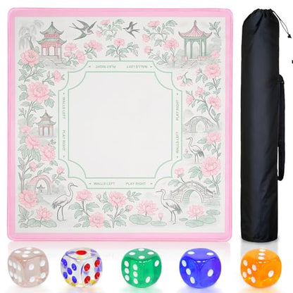 Chinoiserie Mahjong Mat for Table, 31.5" x 31.5" Pink Anti Slip and Noise Reduction Multi Purpose Pretty Gaming Mat for Poker, Card, Dominoes, Board & Tile Games, Mahjong Gift with Carrying Bag - style: Garden