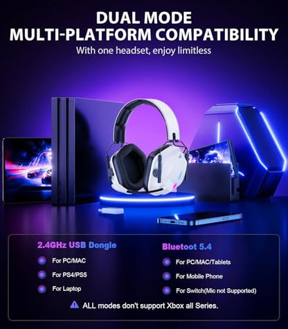 Vakedy Wireless Gaming Headset for PS5, PS4, PC, 2.4GHz Low-Latency & Bluetooth 5.4 Gaming Headphone with Noise Canceling Mic, 50mm Drivers, 50H Battery Wireless Headset for Switch, Mobile, Mac - color: Snow White