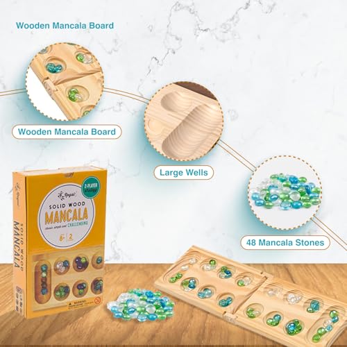 Regal Games Mancala Board Game - Fun Classic Table Game with Wooden Board for Adults & Kids - 48 Glass Mancala Beads & 2 Player Games - Ideal for Family Game Night, Travel (Ages 8+)