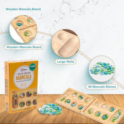 Regal Games Mancala Board Game - Fun Classic Table Game with Wooden Board for Adults & Kids - 48 Glass Mancala Beads & 2 Player Games - Ideal for Family Game Night, Travel (Ages 8+)