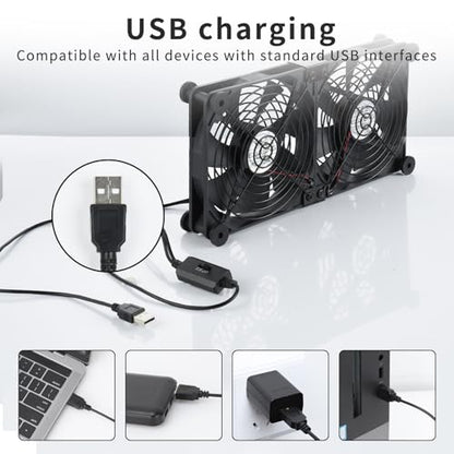 ELUTENG Dual AC USB Computer Fan 140mm USB Fans for Cooling 3 Speed Control | 12V Computer Fan with AC Plug for Laptop Receiver DVR PlayStation Xbox Desk Computer Cabinet Cooling - size: 140mm