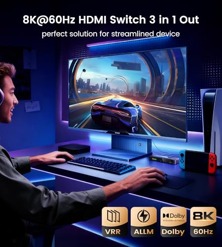 NEWCARE HDMI 2.1 Switch 3 in 1 Out 4K@120Hz, Aluminum 3 Ports HDMI Switcher Splitter with Remote, Supports 8K@60Hz 48Gbps HDR10+ 3D Dolby VRR HDCP 2.3 for TV PS5 Xbox Laptop Projector