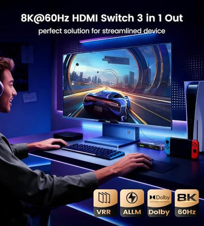 NEWCARE HDMI 2.1 Switch 3 in 1 Out 4K@120Hz, Aluminum 3 Ports HDMI Switcher Splitter with Remote, Supports 8K@60Hz 48Gbps HDR10+ 3D Dolby VRR HDCP 2.3 for TV PS5 Xbox Laptop Projector
