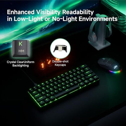 TMKB 60% Mechanical Gaming Keyboard, Red Linear Switch, Wired, Black | LED Backlight, Anti-Ghosting, Detachable USB-C, Double-Shot Keycaps, 61 Keys - style: Black