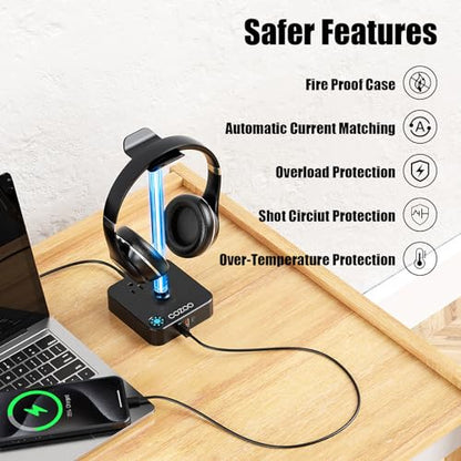 RGB Headphone Stand with USB Charger COZOO Desktop Gaming Headset Holder Hanger with 3 USB Charger and 2 Outlets - Great for Gaming, DJ, Wireless Earphone Display,Gamer PC Accessories Boyfriend Gifts | Gaming Headset Stand Holder for Desk, 3 USB(1 USB C)