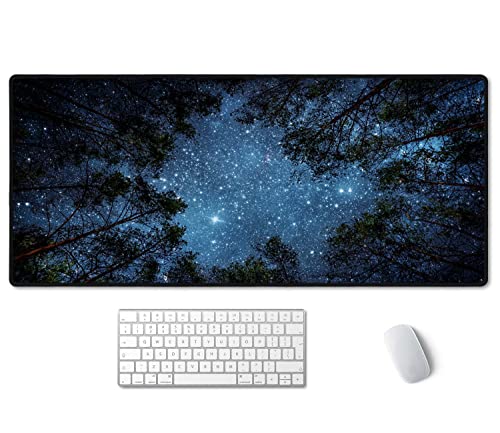 SSOIU The Milky Way and The Trees Mouse Pad 35.5 X 15.7 Inch XXL Night Sky Full Desk Mousepad Extended Large Non-Slip Rubber Base Waterproof Big Keyboard Mat with Stitched Edges for Gaming and Office - color: Night Sky and Trees