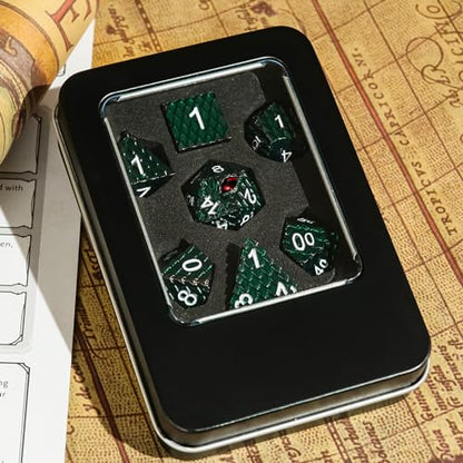 Metal Dice Set D&D,7 PCS Dragon Scale Metallic DND Dice Set,Dragon Eye Metal Dice with Grogeous Gift Case for Dungeons and Dragon Tabletop Game (Dark Green Dragon Scale & Red Eye) - color: Dark Green Dragon Scale & Red Eye