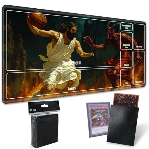 MTG Playmat with Zones, TCG Card Game Play Mat with Stitched Edges, Non-Slip Rubber Base Gaming Desk Mat, Smooth Surface 24 x 14 Inch, Jesus Play Basketball with The Devil - color: Jesus Play Basketball With the Devil, size: Zone 1