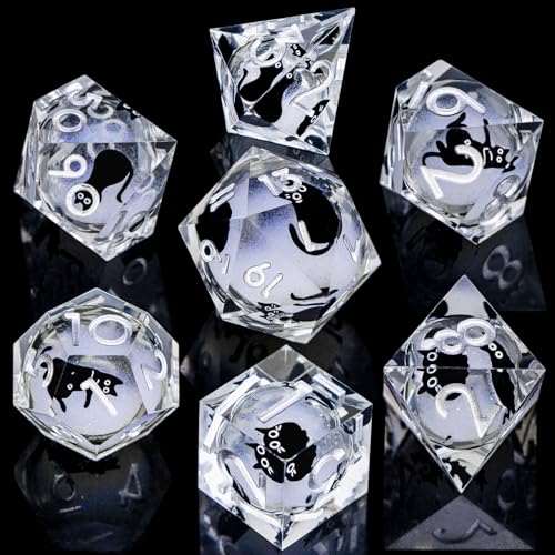 DND Cat Dice Set Silvery White Sharp Edge Dice with Box, RPG D and D Dice Dungeons Dragons Role Playing Game Polyhedral Resin Dice Set D20 D12 D10 D8 D6 D4 - color: Silver White
