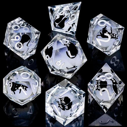 DND Cat Dice Set Silvery White Sharp Edge Dice with Box, RPG D and D Dice Dungeons Dragons Role Playing Game Polyhedral Resin Dice Set D20 D12 D10 D8 D6 D4 - color: Silver White