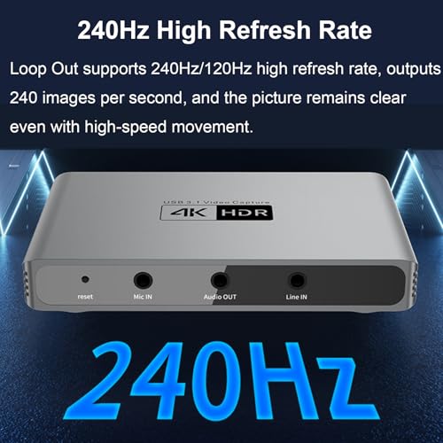 4K HDR Video Capture Card, USB 3.0 HDMI Video Capture Device, 240Hz High Refresh Rate, Loop Out Support
