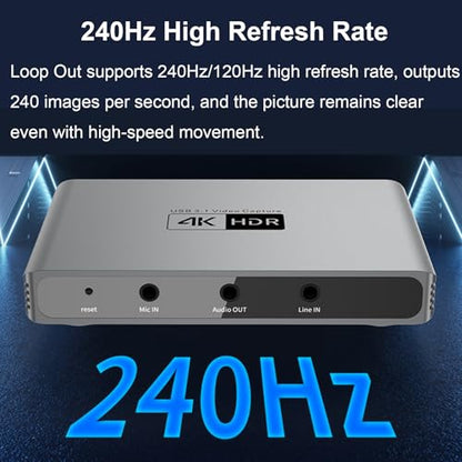 4K HDR Video Capture Card, USB 3.0 HDMI Video Capture Device, 240Hz High Refresh Rate, Loop Out Support