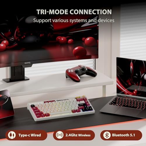 RK ROYAL KLUDGE M65 Wireless Mechanical Keyboard with Volume Knob, 60% Tri-Mode Gaming Keyboard 2.4G/BT/USB-C, Gasket Mount, Battery Display, PBT Keycaps, Hot-Swappable Cream Switch, White - color: red, size: cream switch