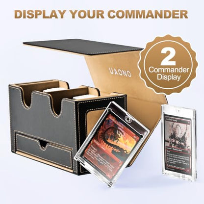 UAONO MTG Deck Box with 2 Commander Display and Dice Tray-Patented Design, Double Deck Box for 280+ Single Sleeved Cards, Leather Magnetic Card Storage Box Fits for TCG CCG Magic Cards (Black&Khaki) | 2 Magnetic Card Holders & 1 Dice Tray, Fits 200 Double