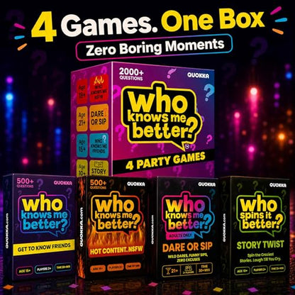 Quokka Party Games Set – Who Knows Me Better Collection with 4 Game in 1 Box – 2000+ Questions – Card Games for Adults and Teens – Board Game for Family Night, Friends & Couples Ages 15+ - color: Adult Set
