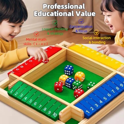 Shut The Box Game Wooden, 2-4 Player Close The Box Dice Game with 8 Colorful Dice, Wooden Math Board Games for Kids Adults Family, Portable Wood Shut The Board Game Box for Party Travel(8.7" x 8.7")