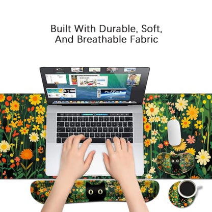 Desk Mat, Large Gaming Mouse Pad with Wrist Rest, 4 in1 XXL Mouse pad+Keyboard Wrist Rest+Mouse Pad Wrist Support+Cup Coaster Set, Ergonomic Desk Pad for Home Office,Floral Cat - color: 90