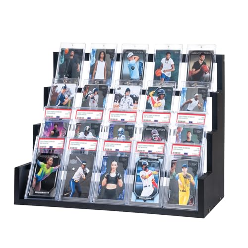 Donmills 4 Tier Card Display Stand, Wooden Trading Card Display Stand Tabletop, Graded Baseball Sports Card Display Shelf for Basketball Football Cards Game Collection, Show & Vendor, Black - color: Black-tabletop