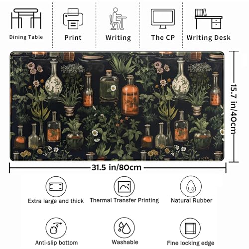 Black Aesthetics Desk Mat Mouse Pad Large Gaming Mouse Pad Desk Pad Mousepad, Mystical Green Plant Computer Laptop Keyboard and Mouse Mat, Desktop Protector Mat for Women Girl Office 31.5x15.8 in - color: Black Mystical Green Plant