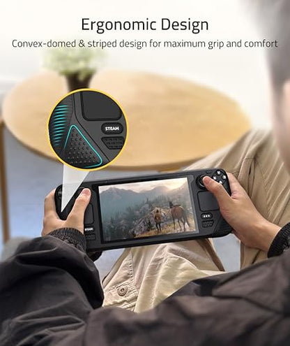 Syntech Protective Silicone Case for Steam Deck OLED & LCD - Black | Upgraded Zero-Gap Fit Fixes Edge Sagging, All-Round Shock Absorption, Non-Slip Grips & Complimentary Thumb Caps Included - color: Black