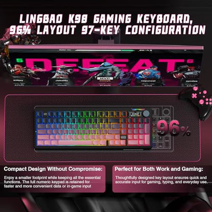 LINGBAO K98 PRO Mechanical Keyboard Wireless, with Screen & Knob,RGB Gaming Keyboard, Tri-Mode BT5.0/2.4GHz/USB-C, Gasket Mount Hot-Swappable Linear Switches Gamer Keyboards for PC/Mac/Linux/Android - color: K98Pro | 10000mAh | Gradient Black Pink