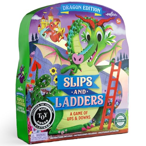 eeBoo Slips & Ladders Dragon Edition - Award Winning Classic Race Game with Holographic Foil, Screen-Free Fun for 2-4 Players, Kids Ages 5 and up - style: Slips and Ladders