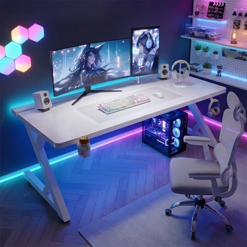 Gaming Desk 63" Large Computer Desk with 2-Stage Split Desktop for Monitor Arms, Carbon Fiber PC Table with Cable Management Tray, for Home Office, Living, Bedroom(White,70.8"x29.5"x29.5") - color: White, size: 70.8"x29.5"x29.5"