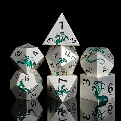Metal Dragon DND Dice Set,7-Piece RPG Dice,Silver Green | Heavy zinc alloy polyhedral dragon dice with easy-to-read numbers and a magnetic gift box for fantasy tabletop RPG games. - color: Matte Sliver Green