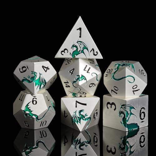 Metal Dragon DND Dice Set,7-Piece RPG Dice,Silver Green | Heavy zinc alloy polyhedral dragon dice with easy-to-read numbers and a magnetic gift box for fantasy tabletop RPG games. - color: Matte Sliver Green