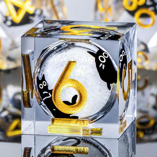 Roycevon Resin DND Dice Set with Gift Box, 7Pcs Liquid Core Cat D&D Dice, Cute Dungeons Dragons D and D Dice, Sharp Edge Role Playing Game Dice D20 D12 D10 D8 D6 D4, White Gold - color: White Gold