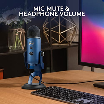Logitech Creators Blue Yeti USB Microphone for PC, Mac, Gaming, Streaming, Podcasting, Studio and Computer Condenser Mic with Blue VO!CE Effects, 4 Pickup Patterns, Plug and Play - Midnight Blue | USB Plug-and-Play Condenser Mic with Blue Vo!ce, Headphone