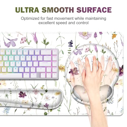 Gaming Mouse Pad, Large Desk Mat Cute Desk Pad Protector, 4in1 XXL Mousepad | + Keyboard Wrist Rest+Mouse Wrist Rest+Coaster Set with Ergonomic Desk Pad for Home Office Computer, Purple Flower Plants - color: Purple Flower Plants
