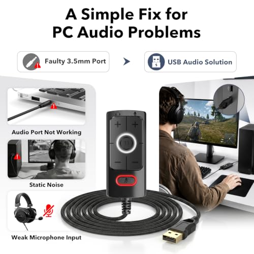 1Mii S03 USB Sound Card, 7.1 Virtual Surround Sound Gaming Audio Adapter, Plug & Play USB to 3.5mm Headphone and Microphone Jack with Volume Control, Mic Mute, for PC, Laptop and Gaming Devices