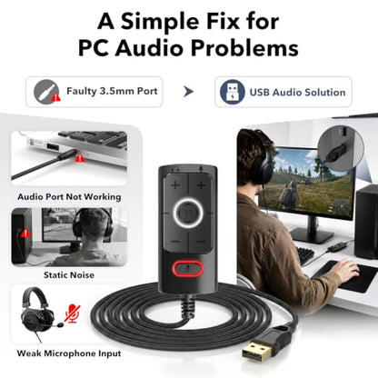 1Mii S03 USB Sound Card, 7.1 Virtual Surround Sound Gaming Audio Adapter, Plug & Play USB to 3.5mm Headphone and Microphone Jack with Volume Control, Mic Mute, for PC, Laptop and Gaming Devices