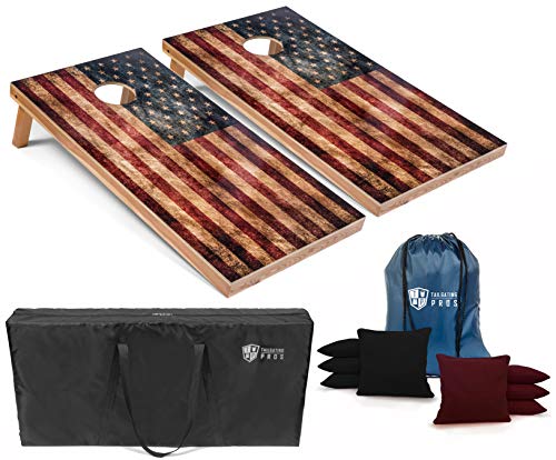 Tailgating Pros Rustic American Flag Cornhole Boards w/Bean Bags - 4'x2' Distressed Flag Cornhole Game w/Multicolored LED Ring, Carrying Case & Corn Hole Bags - color: Black / Maroon
