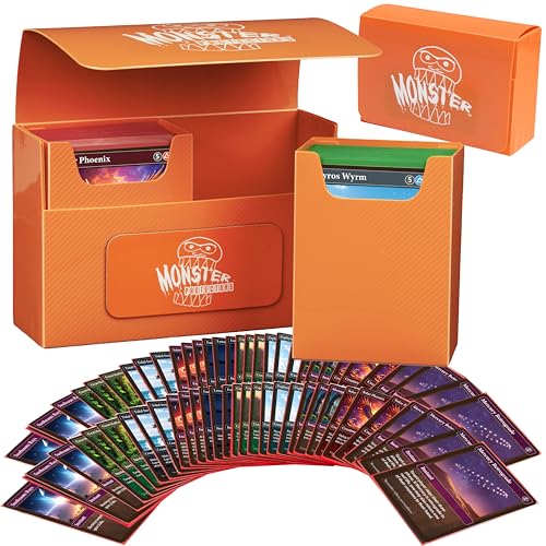 Monster Protectors Magnetic Double Deck Box- Orange, Holds 150 TCG Cards, Self-Locking Closure- Compatible with Pokémon, MTG Magic: The Gathering, & Yu-Gi-Oh | Fits Standard & Small Size Trading Cards - color: Orange