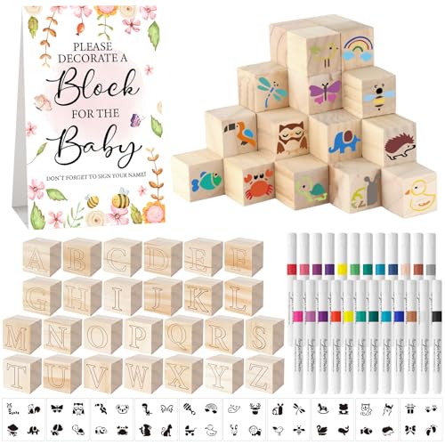 117 Pcs Baby Shower Blocks to Decorate Game Kit Includes 52 Wooden Blocks 24 Markers 1 Game Sign 40 Templates to Paint (Flower) - color: Flower