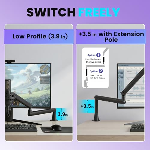 CAHAYA Mic Stand Boom Arm - Low Profile Adjustable Microphone Arm Stand with 3.5" Extension Pole Desk Clamp Screw Adapter for Streaming Gaming Black