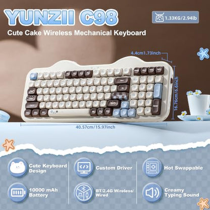YUNZII C98 Wireless Mechanical Keyboard with Number Pad,98 Key BT5.0/2.4G/USB-C Hot Swap Gasket Mount with PBT MOA Keycaps,Custom RGB,Cute Cake Keyboard for Win/Mac (Choco, Candy Linear Switch) - color: Choco, size: Candy Linear Switch
