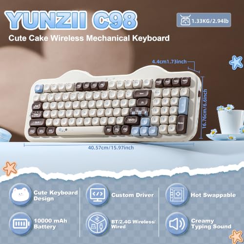 YUNZII C98 Cute Cake Wireless Mechanical Keyboard(Choco, Candy Switch) | 99 Keys with Number Pad, Hot Swap, PBT MOA Keycaps, BT5.0/2.4G/USB-C, Gasket Mount, Custom RGB Backlit for Win/Mac - color: Choco, size: Candy Linear Switch