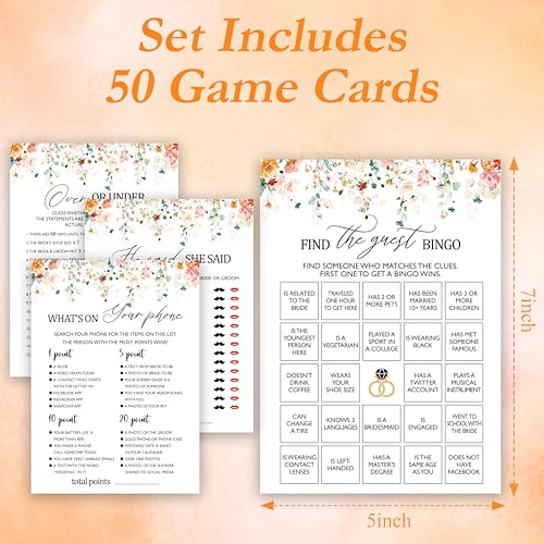Bridal Shower Games Cards Set, Find The Guest Bingo, What's On Your Phone, He Said She Said, Over Or Under, Set Of 4 Boho Floral Bridal Shower Party Game Favors Supplies, Fall Decoration -02 - style: set-02