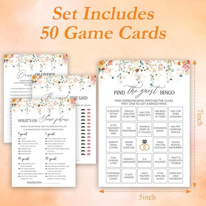 Bridal Shower Games Cards Set, Find The Guest Bingo, What's On Your Phone, He Said She Said, Over Or Under, Set Of 4 Boho Floral Bridal Shower Party Game Favors Supplies, Fall Decoration -02 - style: set-02