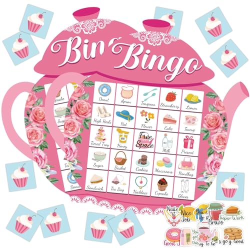 39Pcs Tea Party Bingo Game for Adults 24 Players Floral Teapot Shape Bingo Cards with Reward Stickers for Family Friend Student Large Group Activities Garden Bridal Wedding Holiday Party Favors - style: Tea