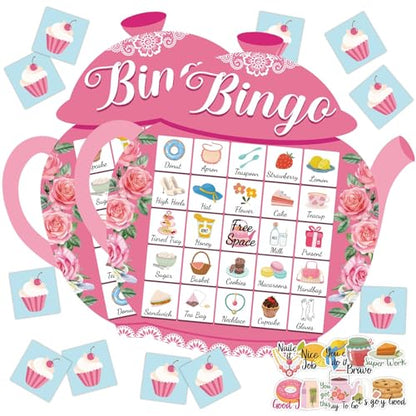 39Pcs Tea Party Bingo Game for Adults 24 Players Floral Teapot Shape Bingo Cards with Reward Stickers for Family Friend Student Large Group Activities Garden Bridal Wedding Holiday Party Favors - style: Tea