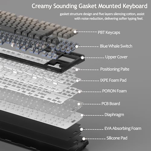 MageGee LIGHT87 Wireless Creamy Keyboard, Gasket Structure, RGB Backlit, 2.4G/USB-C/BT5.0 Hot Swappable Mechanical Gaming Keyboard for Win/Mac/PC, 8000mAh Battery, Side Printed PBT Keycaps, Black - color: Grey Black/Blue Whale Switch